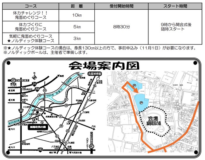 城島鬼面(きめん)ウオーキング大会 コース内容・会場案内図