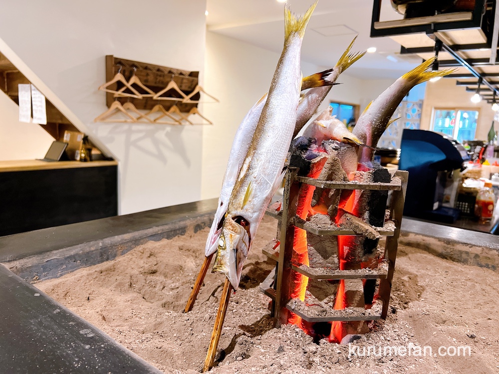魚、串 つぼみ 久留米市 広々とした清潔感のある店内 オープンキッチンで、炭火で焼かれている魚