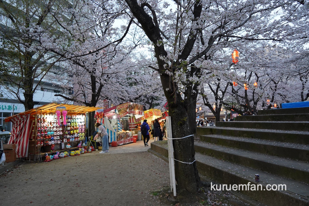 桜シーズン 久留米市 小頭町公園に沢山の露店が並ぶ