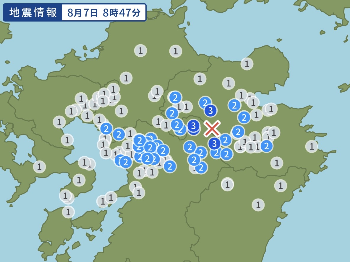 大分県西部を震源地とした地震 最大震度3 久留米市で震度1【8/7】