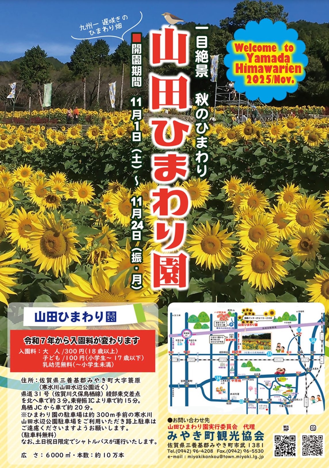 山田ひまわり園 2025年11月開園 絶景!秋のひまわり約10万本【みやき町】