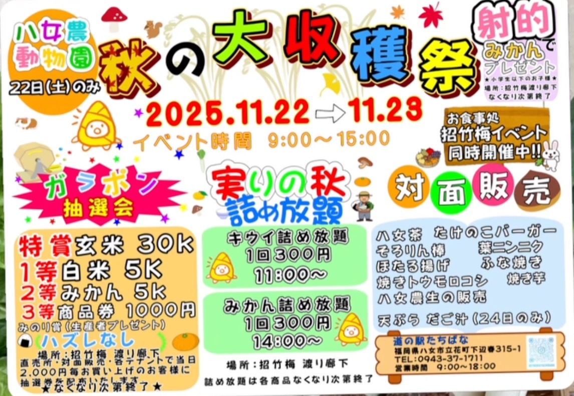 道の駅たちばな「秋の大収穫祭」みかん・キウイ詰め放題!対面販売も【八女市】