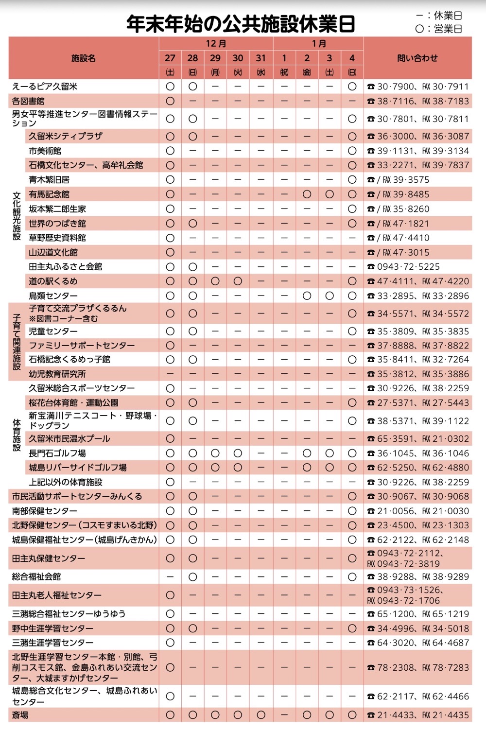 久留米市 年末年始の公共施設休業日