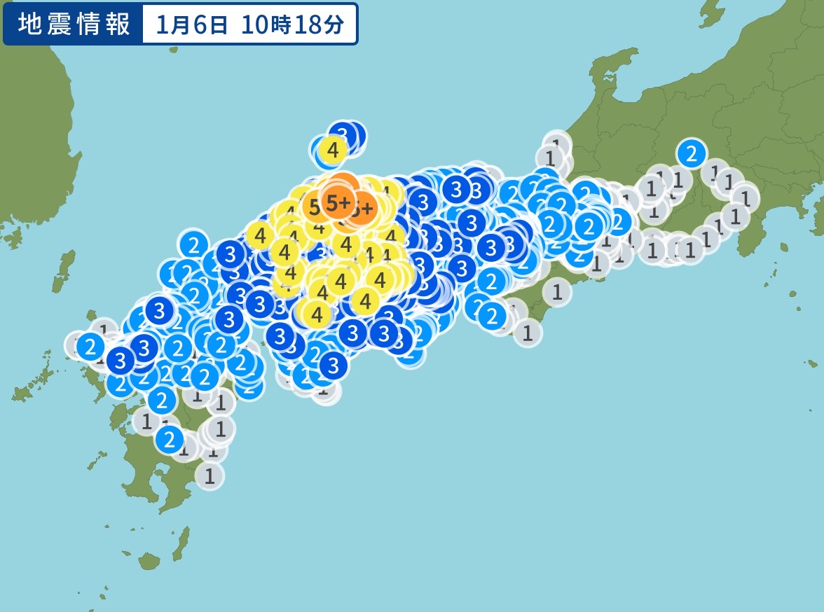 島根県東部を震源地とする地震 最大震度5強 福岡県久留米市で震度2【1/6】