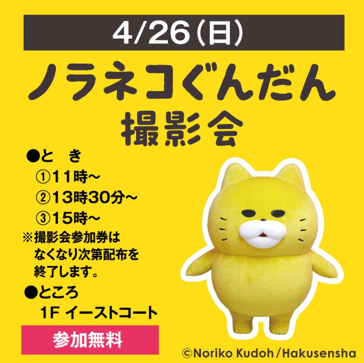 ゆめタウン久留米「ノラネコぐんだん撮影会」参加無料【久留米市】